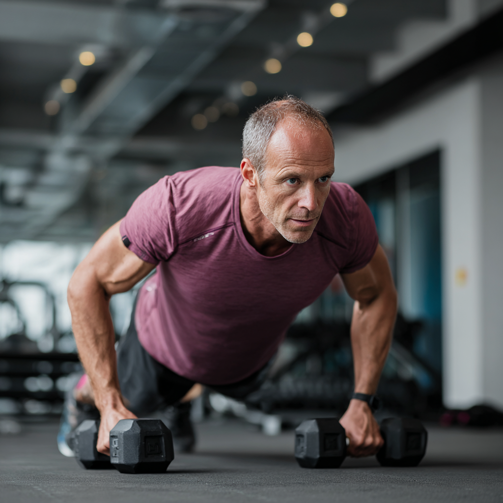 Professional fitness trainer aged 45 demonstrating proper form during strength training session in modern gym setting